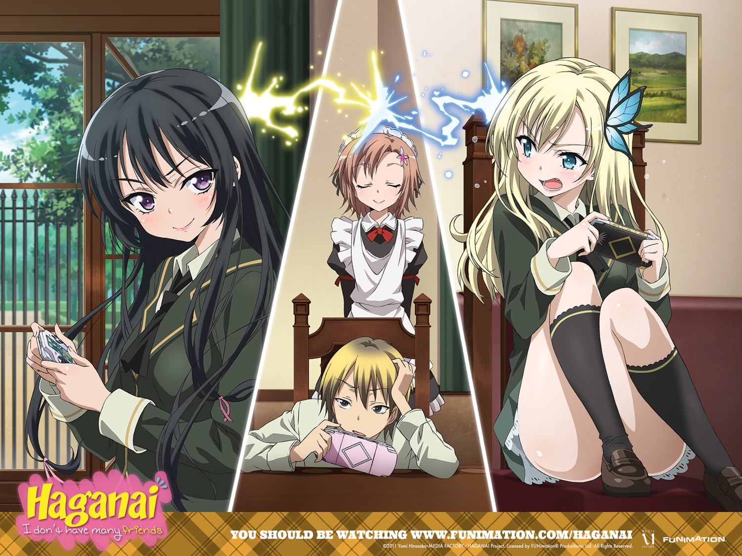 black_hair, blonde_hair, blue_eyes, boku_wa_tomodachi_ga_sukunai, brown_hair, game_console, group, hasegawa_kodaka