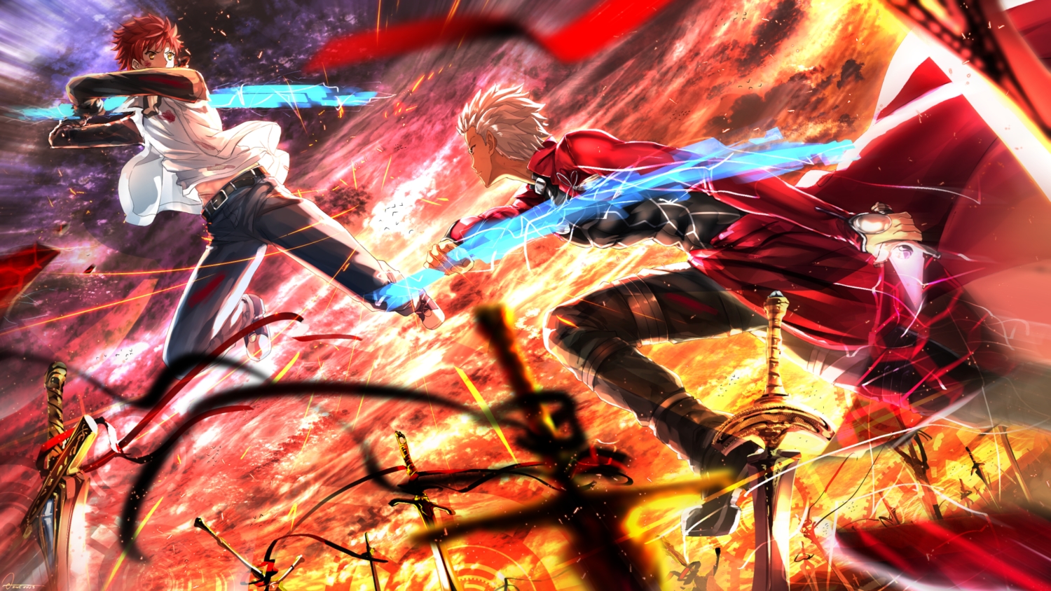 all_male, archer, boots, emiya_shirou, fate_(series), fate/stay_night, knife, magic