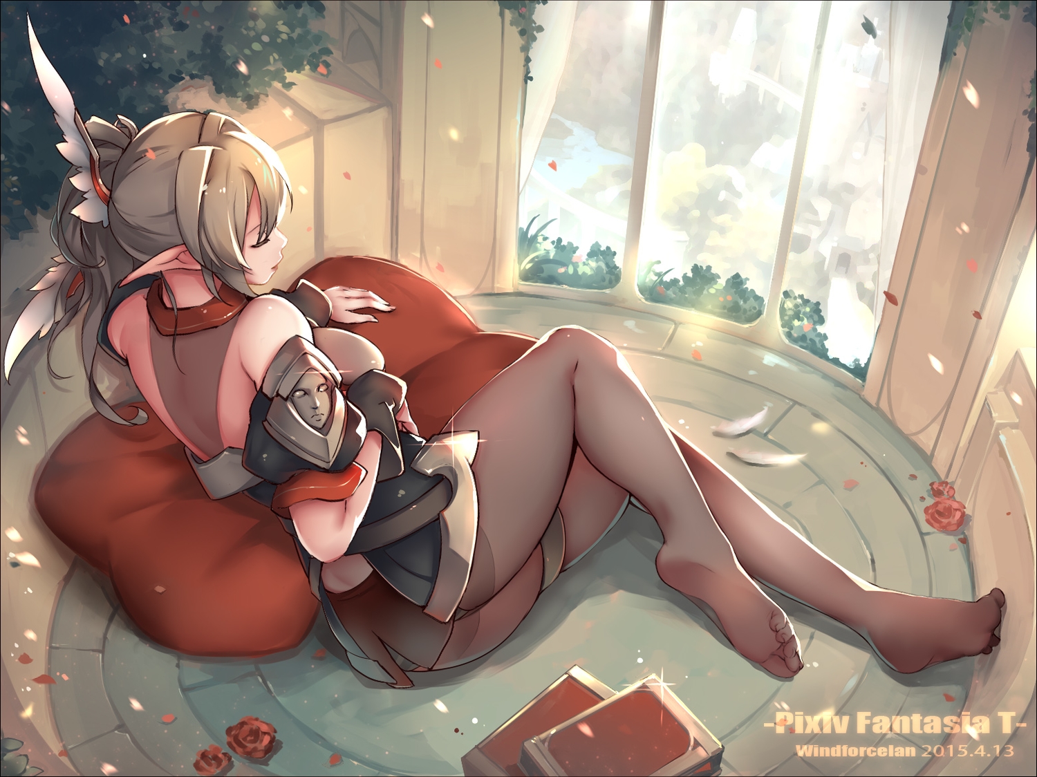 ass, flowers, gray_hair, long_hair, original, pantyhose, petals, pixiv_fantasia