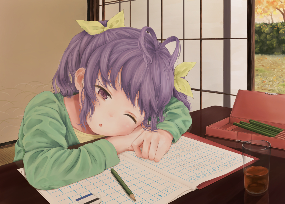 drink, loli, miyauchi_renge, non_non_biyori, paper, papi_(papiron100), ponytail, purple_eyes