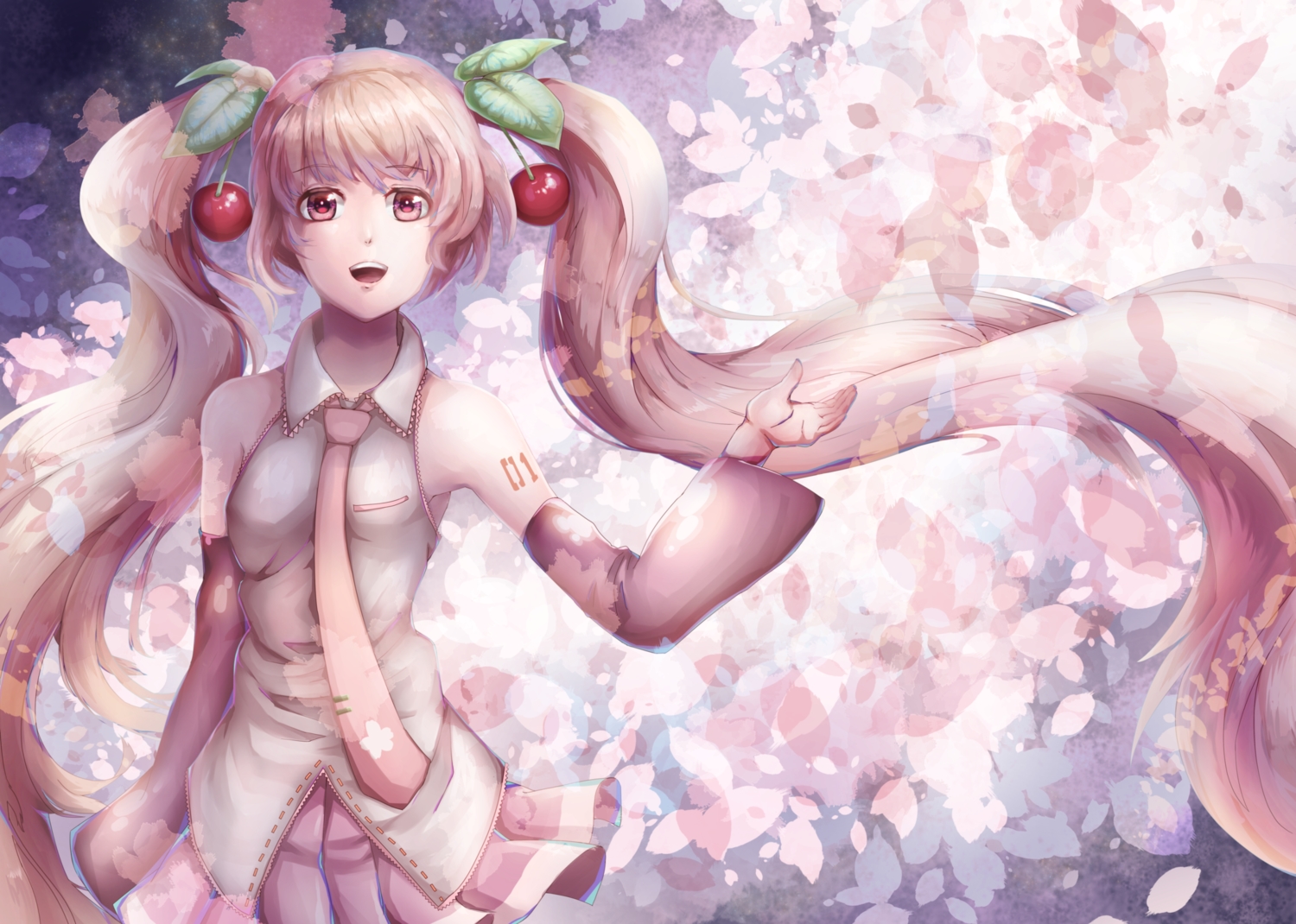 cherry, food, fruit, hatsune_miku, long_hair, pink_eyes, pink_hair, raymond_busujima