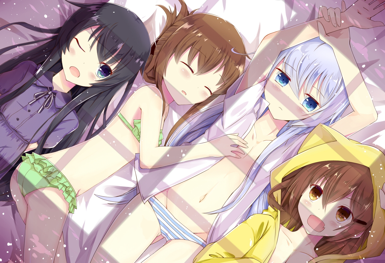 akatsuki_(kancolle), anthropomorphism, ass, bikini, black_hair, blue_eyes, blue_hair, blush, breast_grab, brown_eyes, brown_hair, fang, group, hibiki_(kancolle), ikazuchi_(kancolle), inazuma_(kancolle), kantai_collection, long_hair, myuton, navel, no_bra, open_shirt, panties, sleeping, striped_panties, swimsuit, underwear, wink