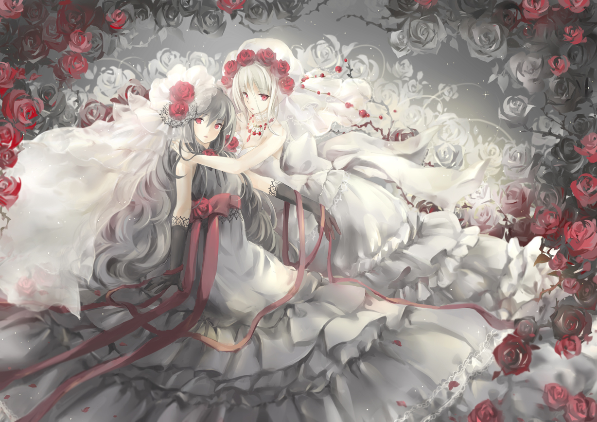 2girls, black_hair, blonde_hair, dress, elbow_gloves, flowers, gloves, gothic, goth-loli, headdress, lolita_fashion, long_hair, original, red_eyes, rose, short_hair, wataame27