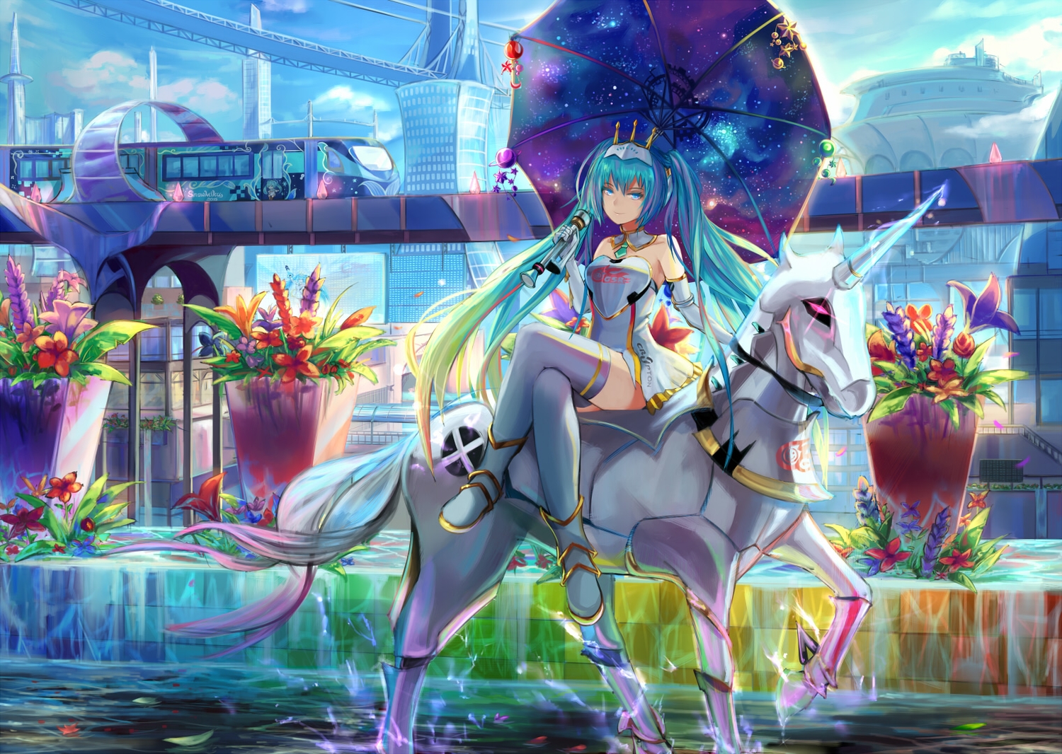 animal, aqua_eyes, aqua_hair, boots, crown, flowers, hatsune_miku, horse