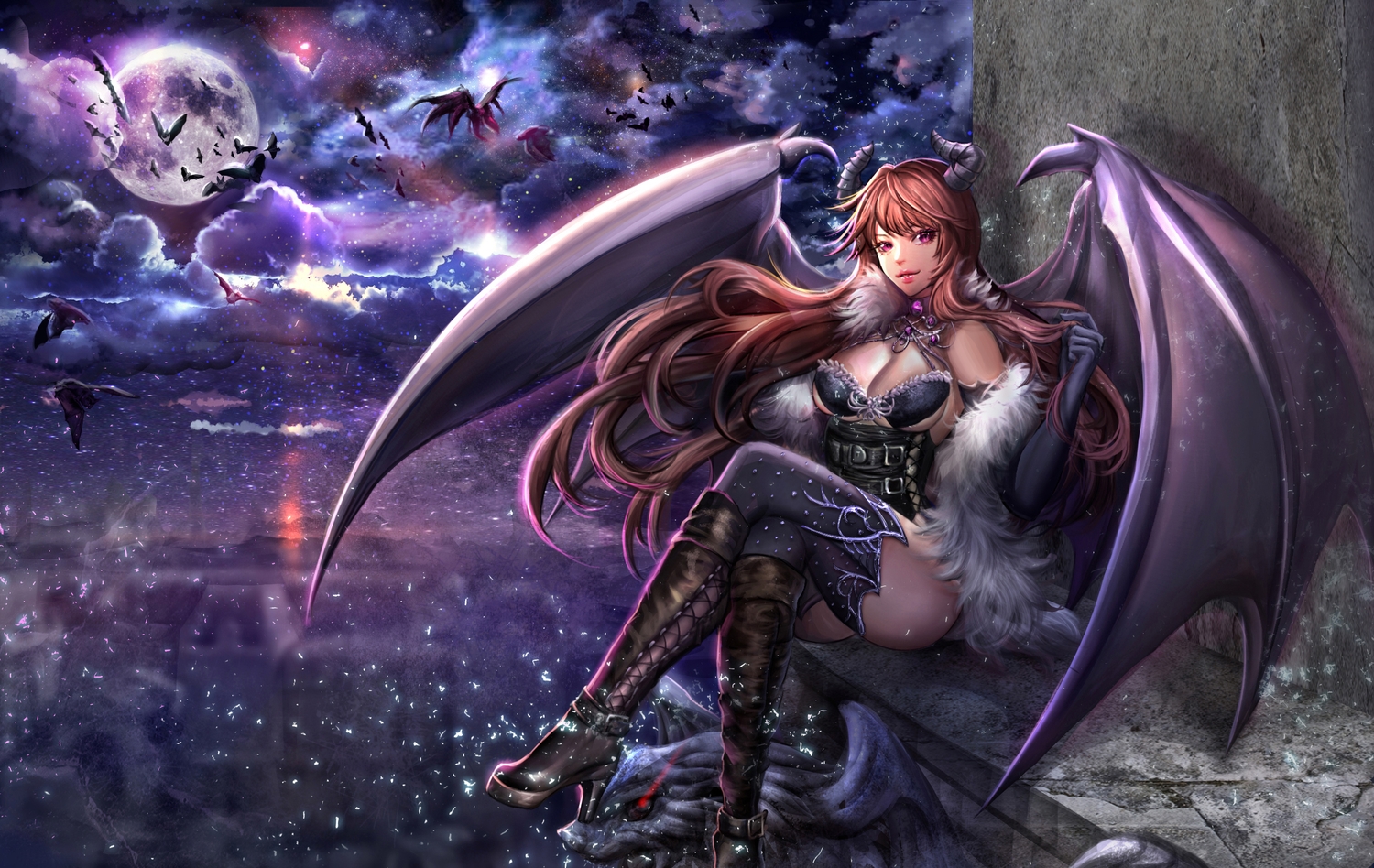 animal, bat, boots, breasts, brown_hair, cleavage, clouds, demon, elbow_gloves, gloves, horns, long_hair, moon, night, original, pink_eyes, sangrde, thighhighs, wings