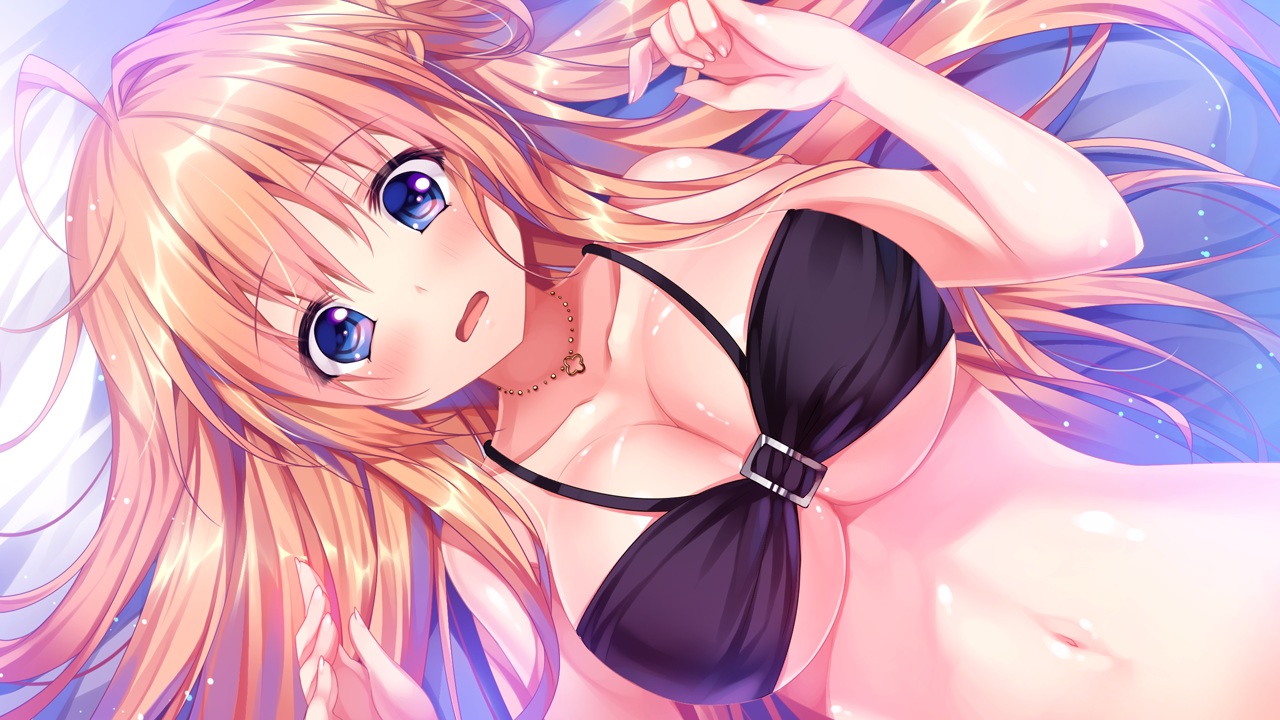 bikini_top, blonde_hair, blue_eyes, blush, breasts, cleavage, game_cg, kino_(kino_konomi), light, long_hair, navel, necklace, shinonome_setsuna, shirogane_x_spirits!
