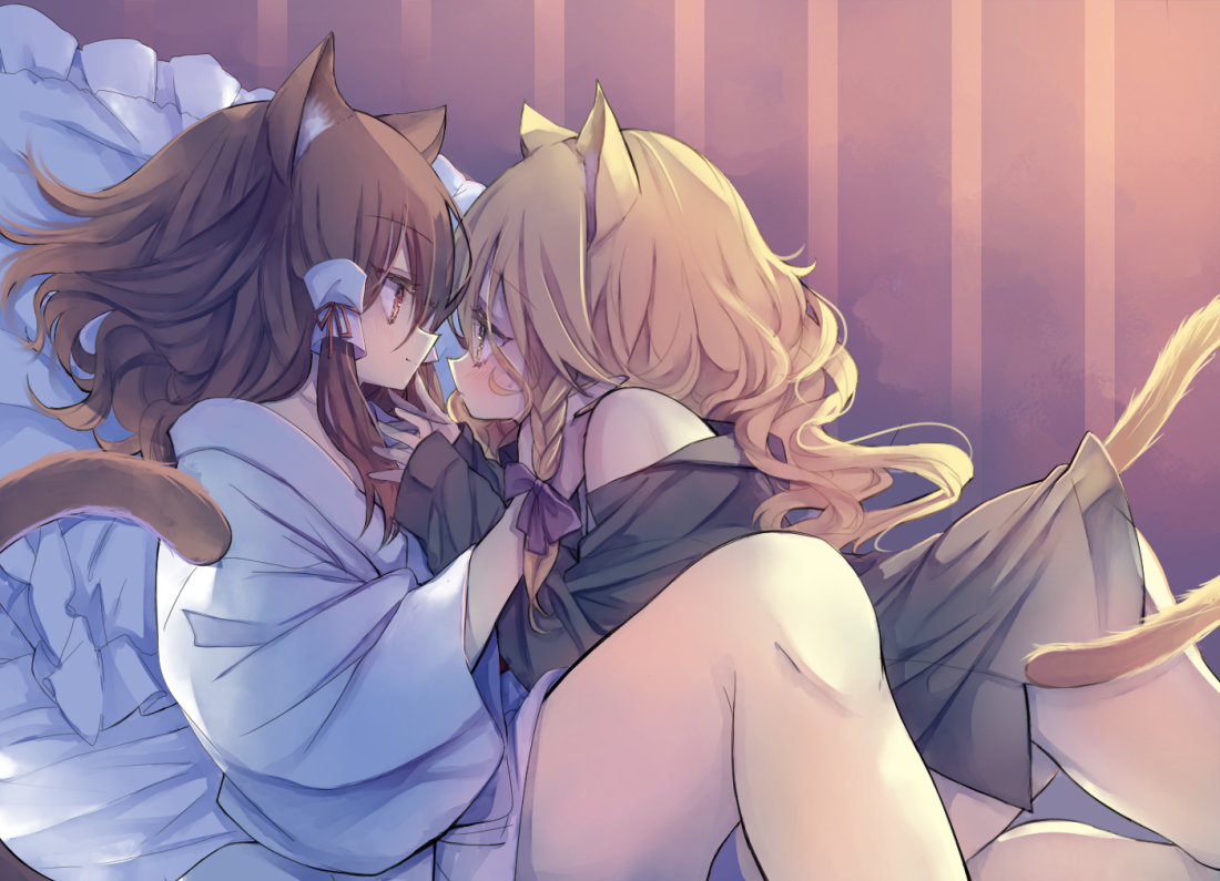 2girls, animal_ears, bed, blonde_hair, blush, braids, brown_hair, catgirl, hakurei_reimu, kirisame_marisa, long_hair, piyokichi, shoujo_ai, tail, touhou