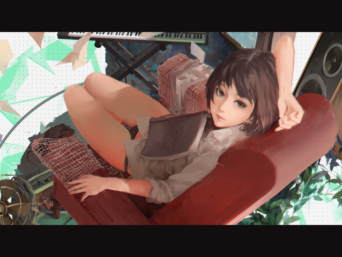book, brown_eyes, brown_hair, fan, instrument, jn3, original, panties