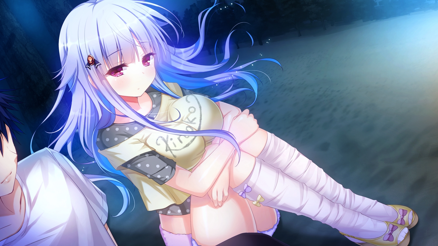 beach, blue_hair, game_cg, giga, kino_(kino_konomi), kiryuu_chikage, kneehighs, long_hair, male, night, shirogane_x_spirits!