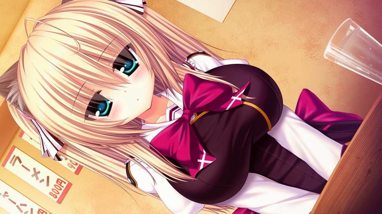 animal_ears, aqua_eyes, blonde_hair, bow, breasts, drink, game_cg, long_hair