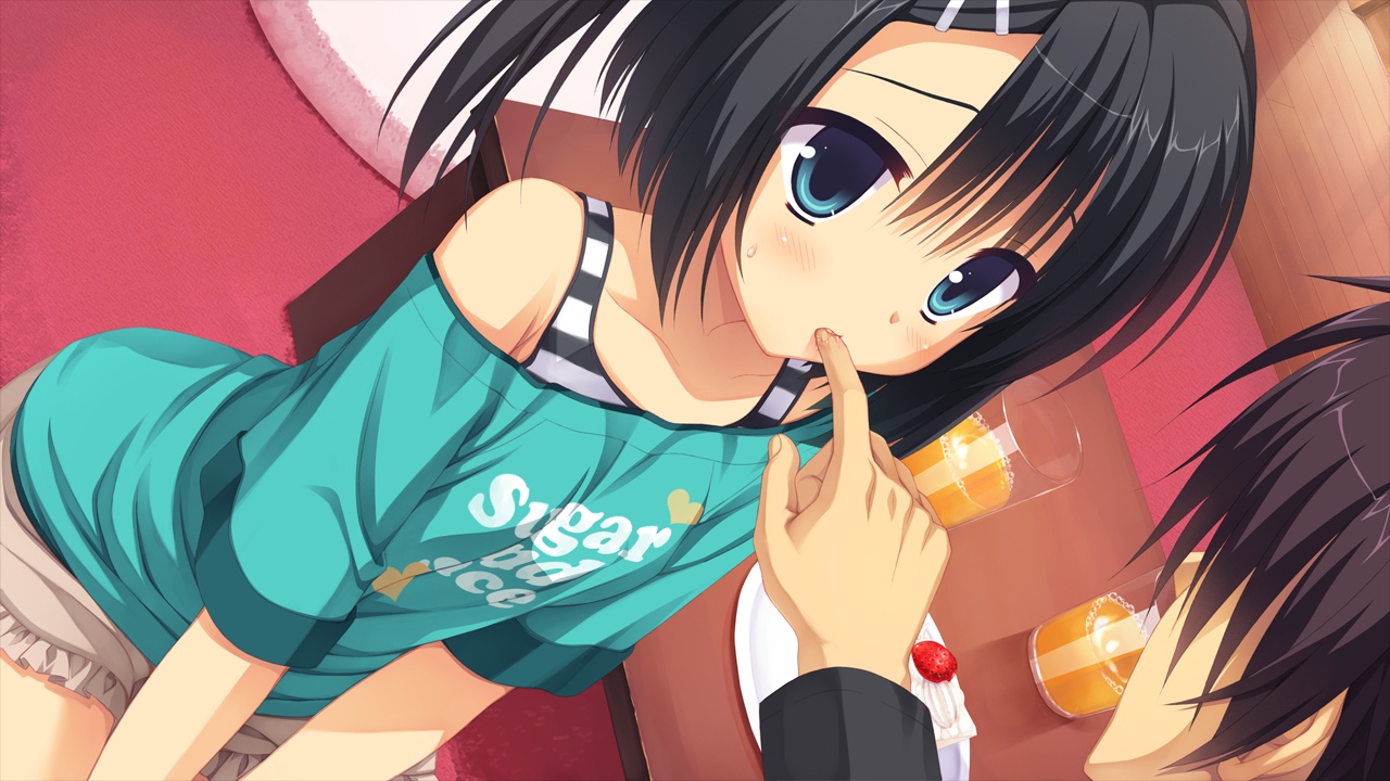 black_hair, blue_eyes, cake, dracu-riot!, drink, food, fruit, game_cg, male, mera_azusa, muririn, mutsura_yuuto, strawberry, yuzusoft