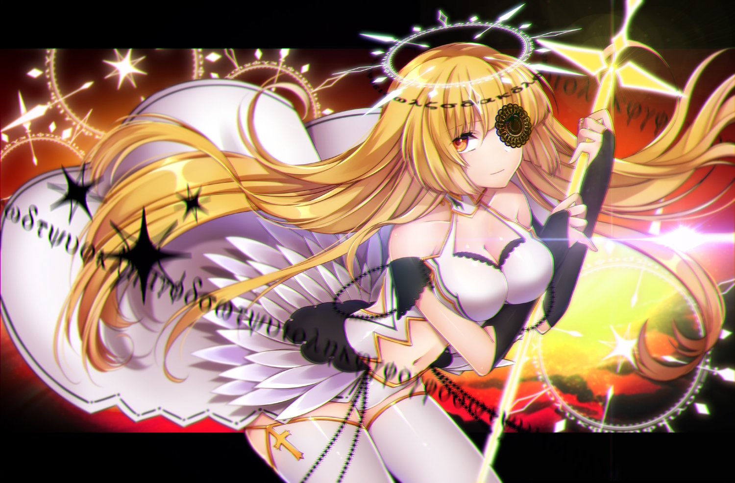 beatmania_iidx, blonde_hair, breasts, cleavage, cross, eyepatch, halo, long_hair, maru_(sw1tch), navel, red_eyes, thighhighs
