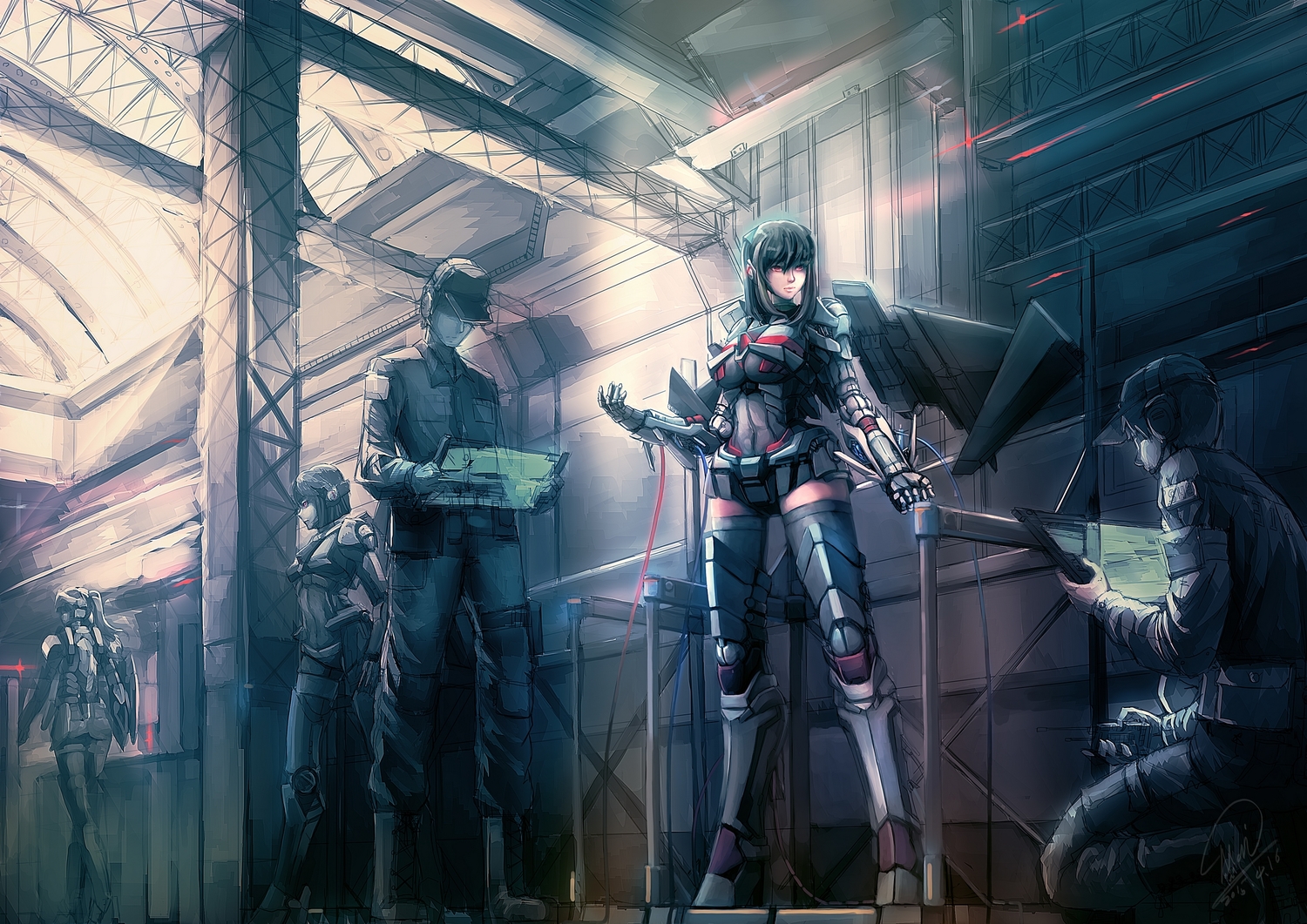 computer, group, hat, headphones, male, mechagirl, military, original, polychromatic, shou_mai, thighhighs