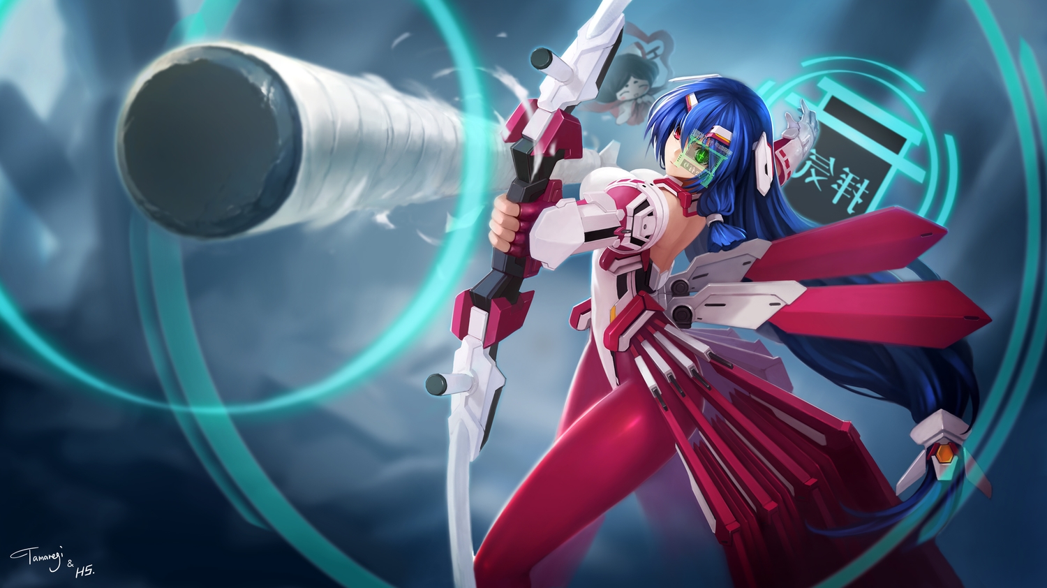 asama_tomo, bicolored_eyes, blue_hair, bodysuit, bow_(weapon), hanshu, kyoukai_senjou_no_horizon, long_hair, weapon