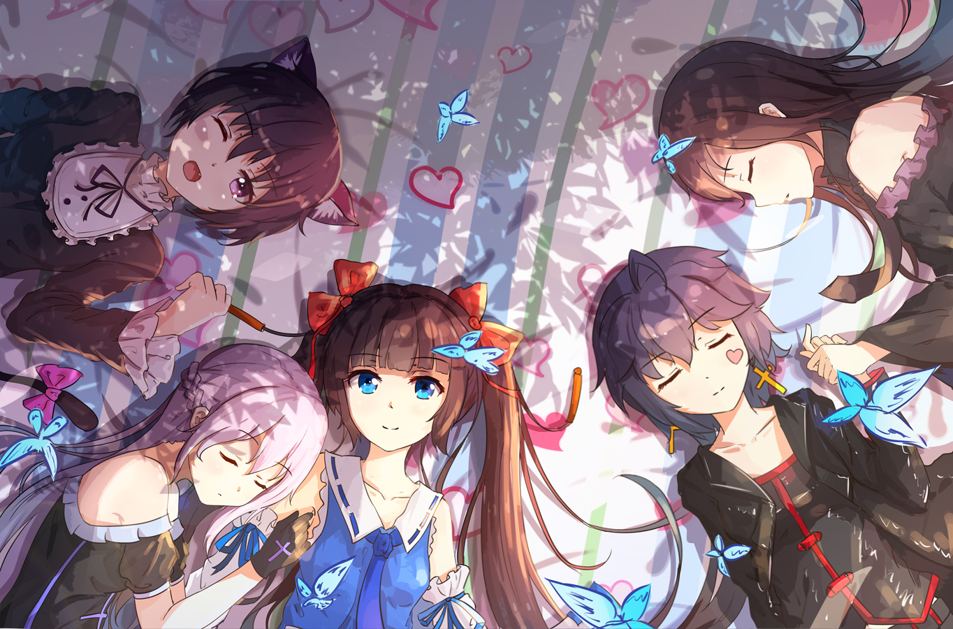animal_ears, aqua_eyes, black_hair, bow, braids, brown_hair, butterfly, byakuya_reki