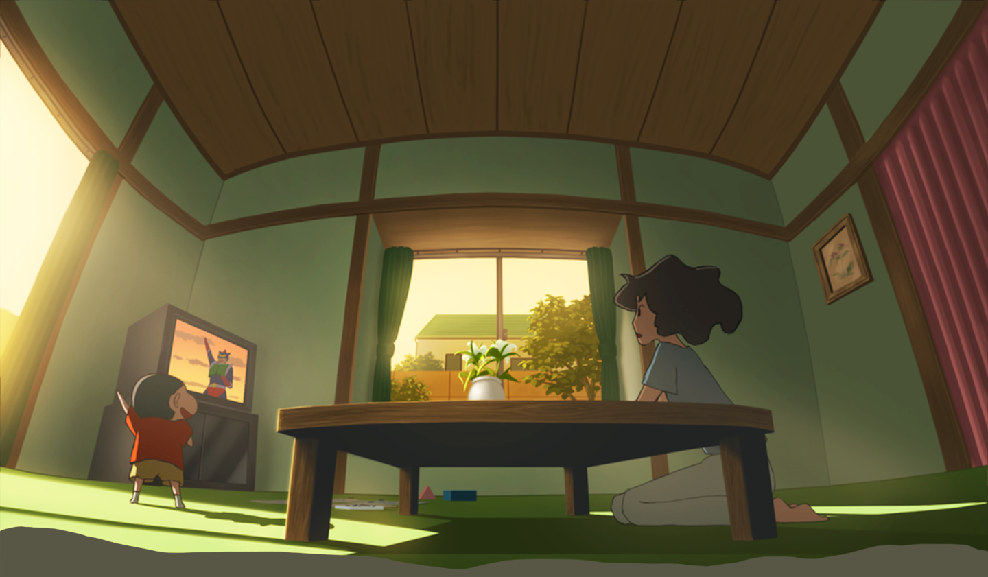barefoot, brown_hair, building, crayon_shin-chan, flowers, long_hair, male, nauimusuka, nohara_mitsy, nohara_shin, scenic, shorts, tree