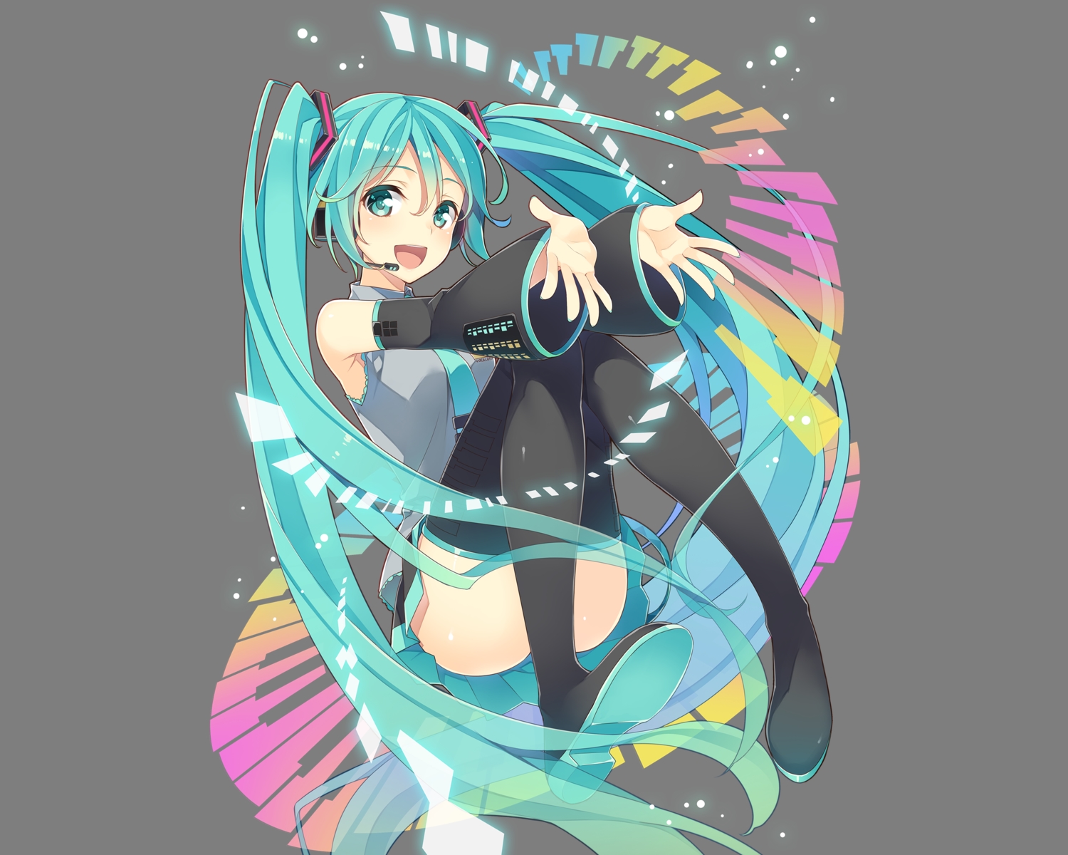 aqua_eyes, aqua_hair, boots, gray, hatsune_miku, kuroi_(liar-player), long_hair, microphone