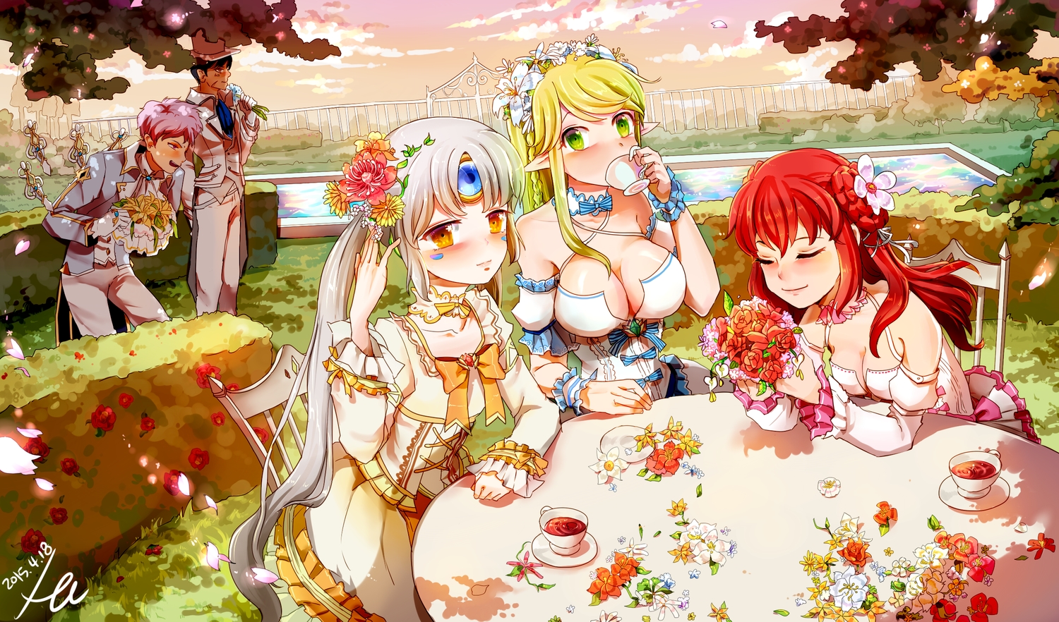blonde_hair, breasts, cleavage, drink, elesis_(elsword), elsword, eve_(elsword), flowers