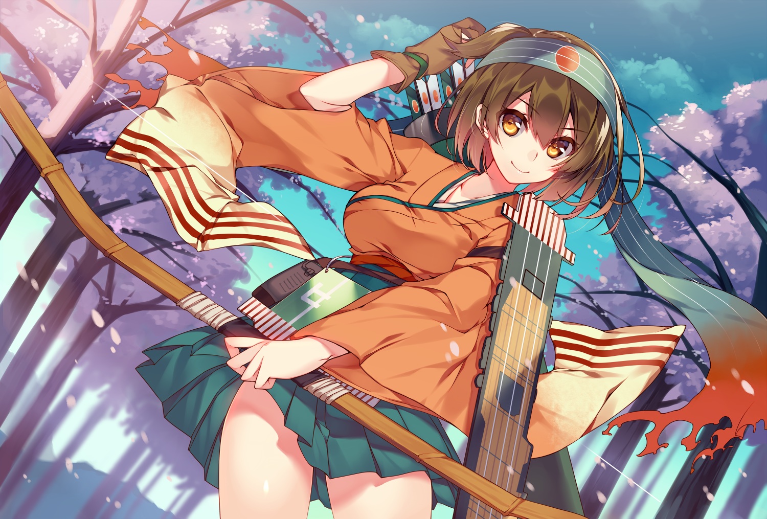 anthropomorphism, bow, brown_eyes, brown_hair, cherry_blossoms, flowers, gloves, headband, hiryuu_(kancolle), japanese_clothes, kantai_collection, kimono, kureaki_(exit), short_hair, skirt, tree