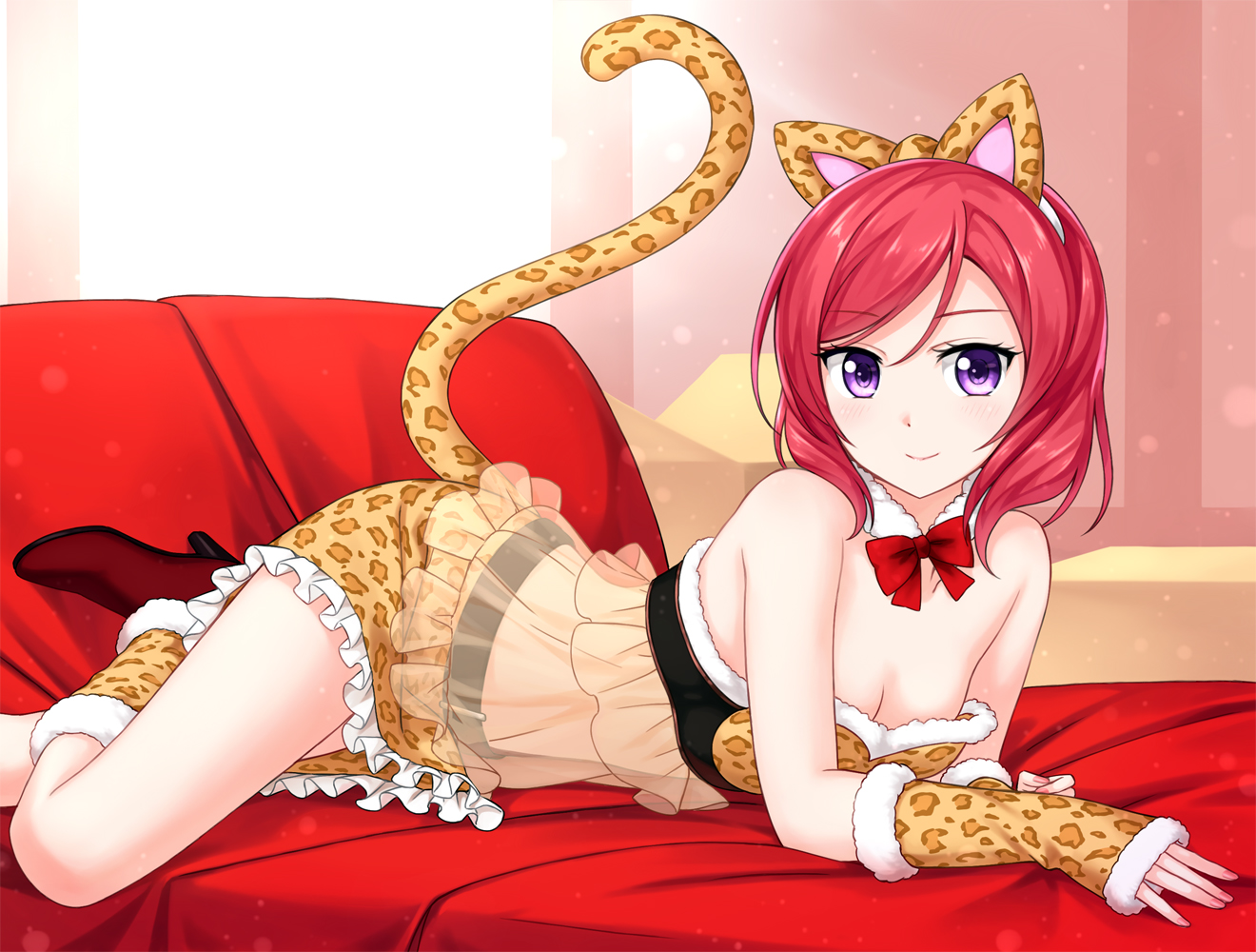 animal_ears, bow, breasts, cleavage, cosplay, love_live!_school_idol_project, nishikino_maki, purple_eyes, red_hair, see_through, short_hair, skirt, tail, tucana, wristwear