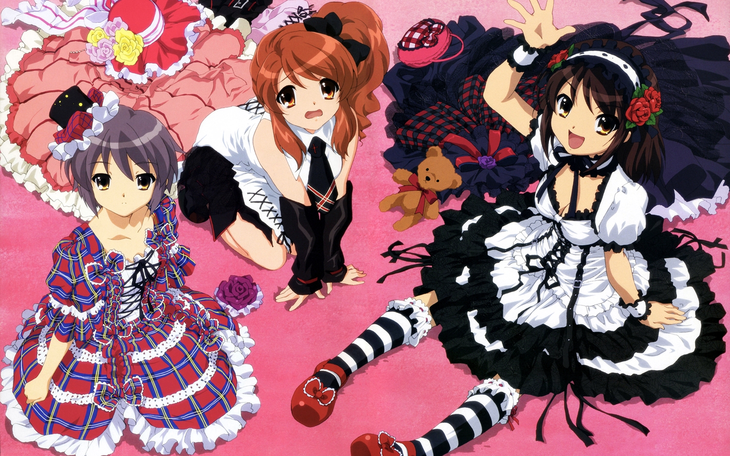 asahina_mikuru, breasts, cleavage, dress, goth-loli, ikeda_shouko, lolita_fashion, nagato_yuki