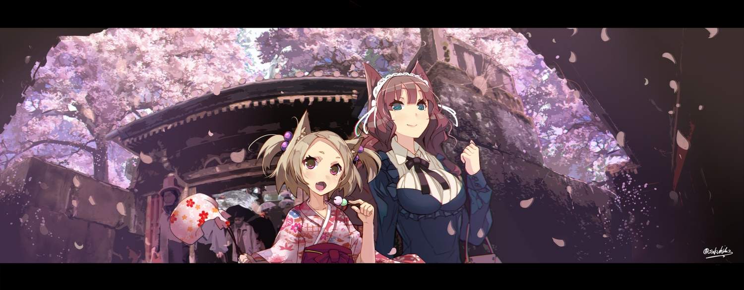 2girls, animal_ears, blonde_hair, blue_eyes, brown_hair, building, cherry_blossoms, dualscreen, fang, flowers, food, headdress, japanese_clothes, long_hair, original, petals, purple_eyes, sakuhiko, short_hair, signed, tree