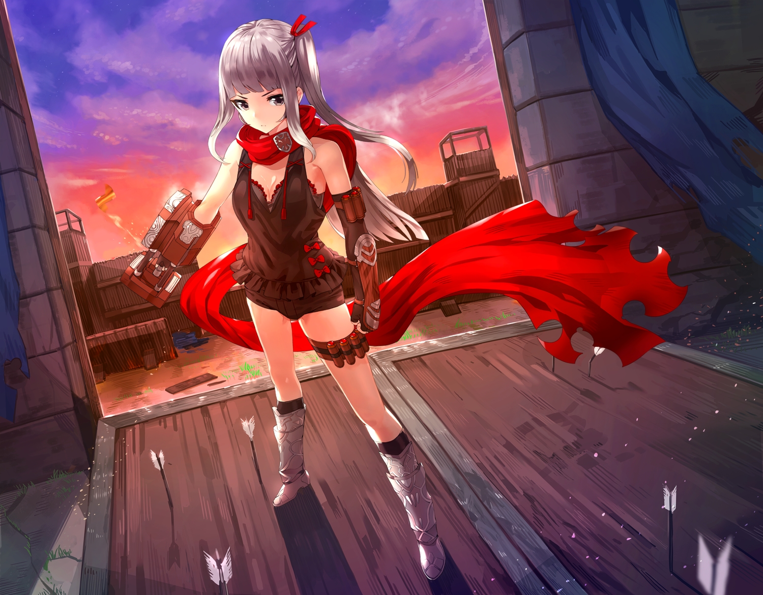 armor, elbow_gloves, gloves, gray_eyes, gray_hair, gun, kfr, kneehighs, long_hair, original, pixiv_fantasia, scarf, shorts, weapon