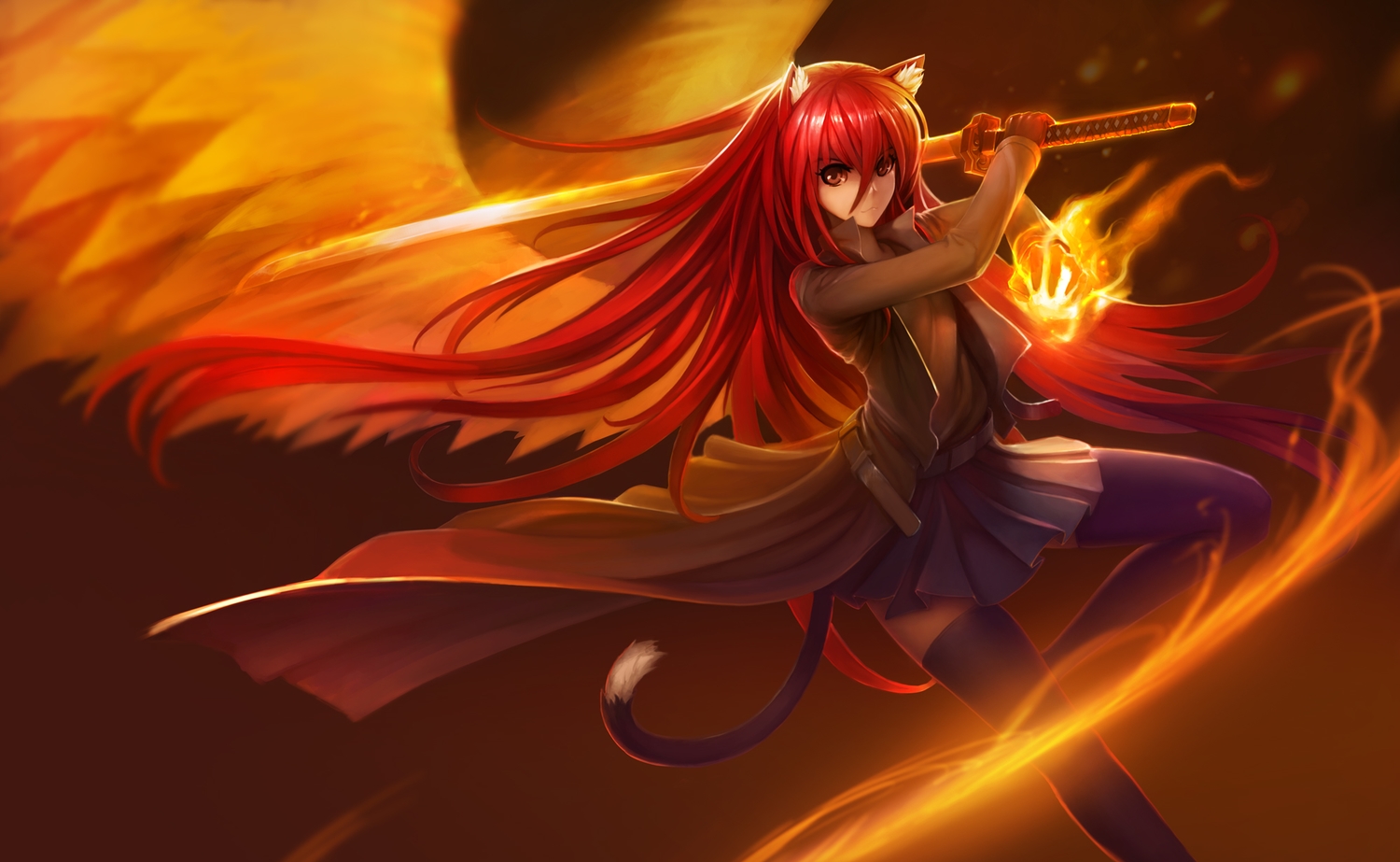 animal_ears, brown_eyes, cape, catgirl, fire, hanshu, katana, long_hair, magic, red_hair, shakugan_no_shana, shana, skirt, sword, tail, thighhighs, weapon, wings