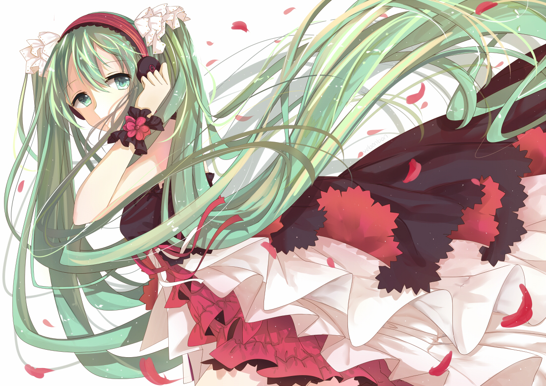 aqua_eyes, aqua_hair, hatsune_miku, headphones, long_hair, petals, twintails, vebonbon