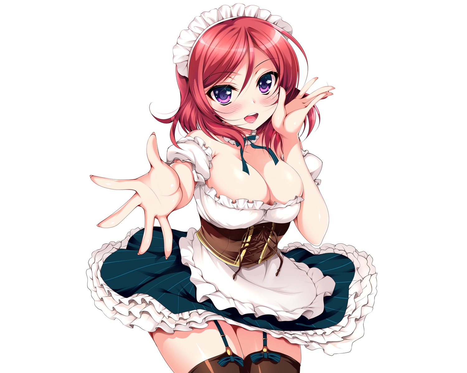 breasts, cleavage, love_live!_school_idol_project, maid, ninoko, nishikino_maki, purple_eyes, red_hair, stockings, thighhighs, waitress, white