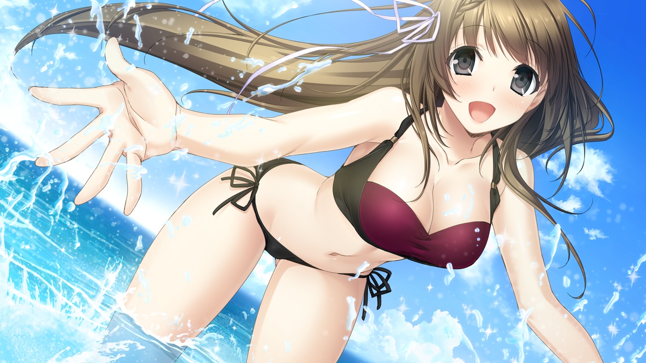 bikini, breasts, brown_hair, cleavage, game_cg, giga, haru_kiss, long_hair