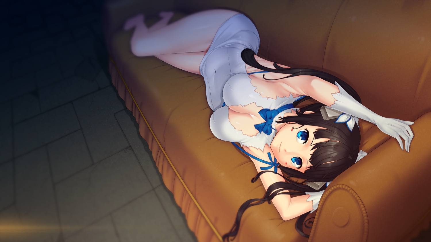 anura, barefoot, black_hair, blue_eyes, bow, breasts, cleavage, couch, dress, dungeon_ni_deai_wo_motomeru_no_wa_machigatteiru_darou_ka, gloves, hestia_(danmachi), long_hair, no_bra, twintails