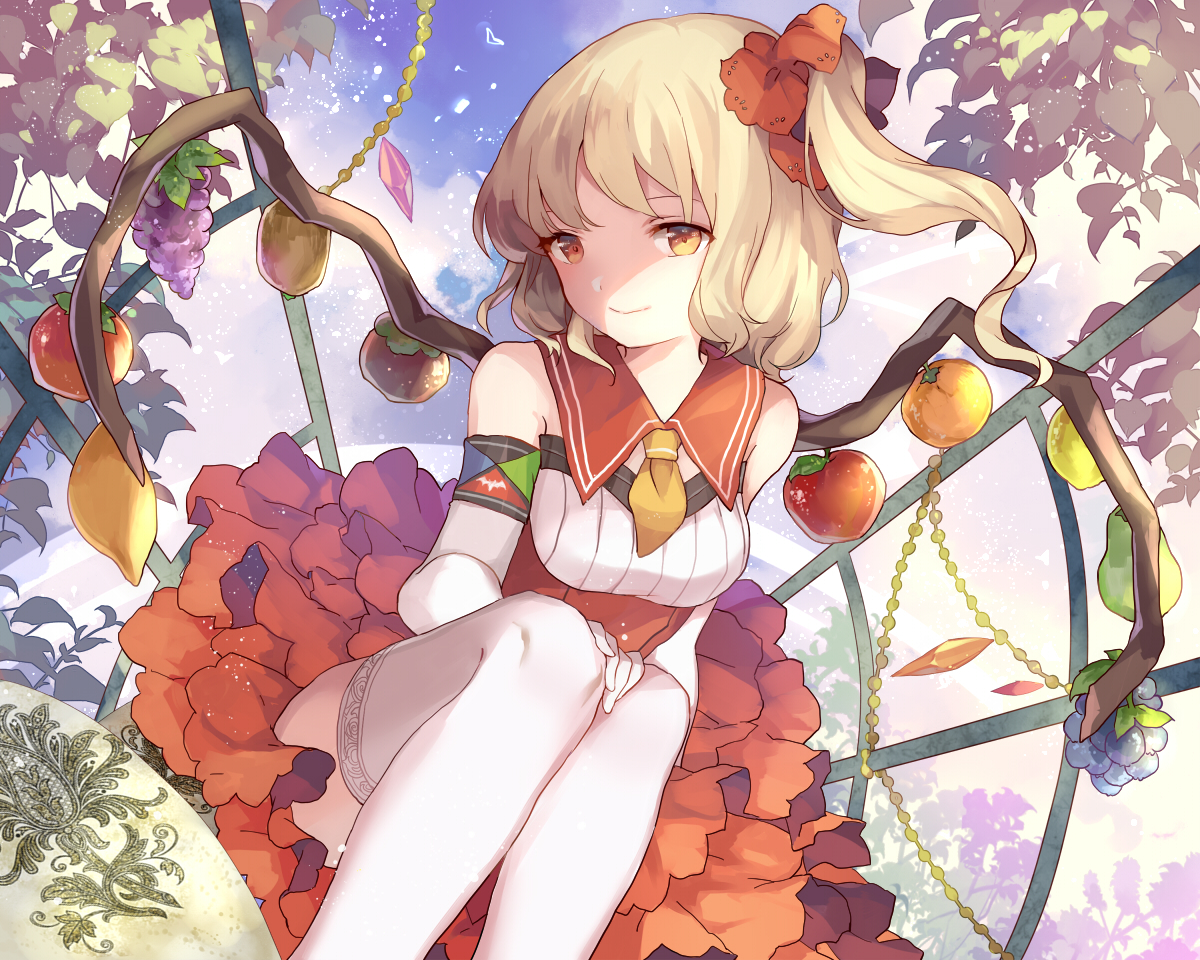 apple, blonde_hair, dress, elbow_gloves, flandre_scarlet, food, fruit, gloves