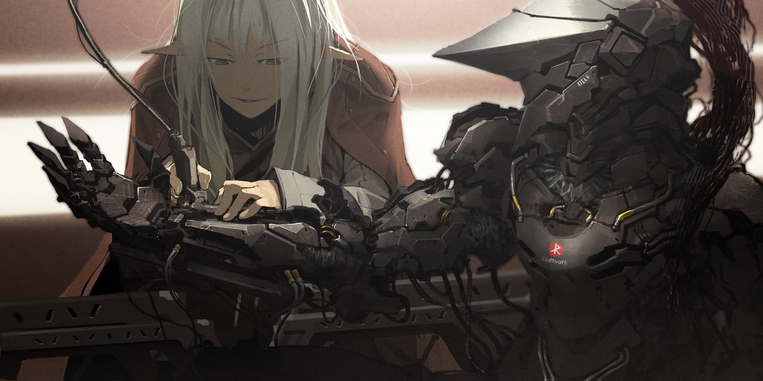 gray_hair, long_hair, masariro, mecha, original, pixiv_fantasia, pointed_ears, robot