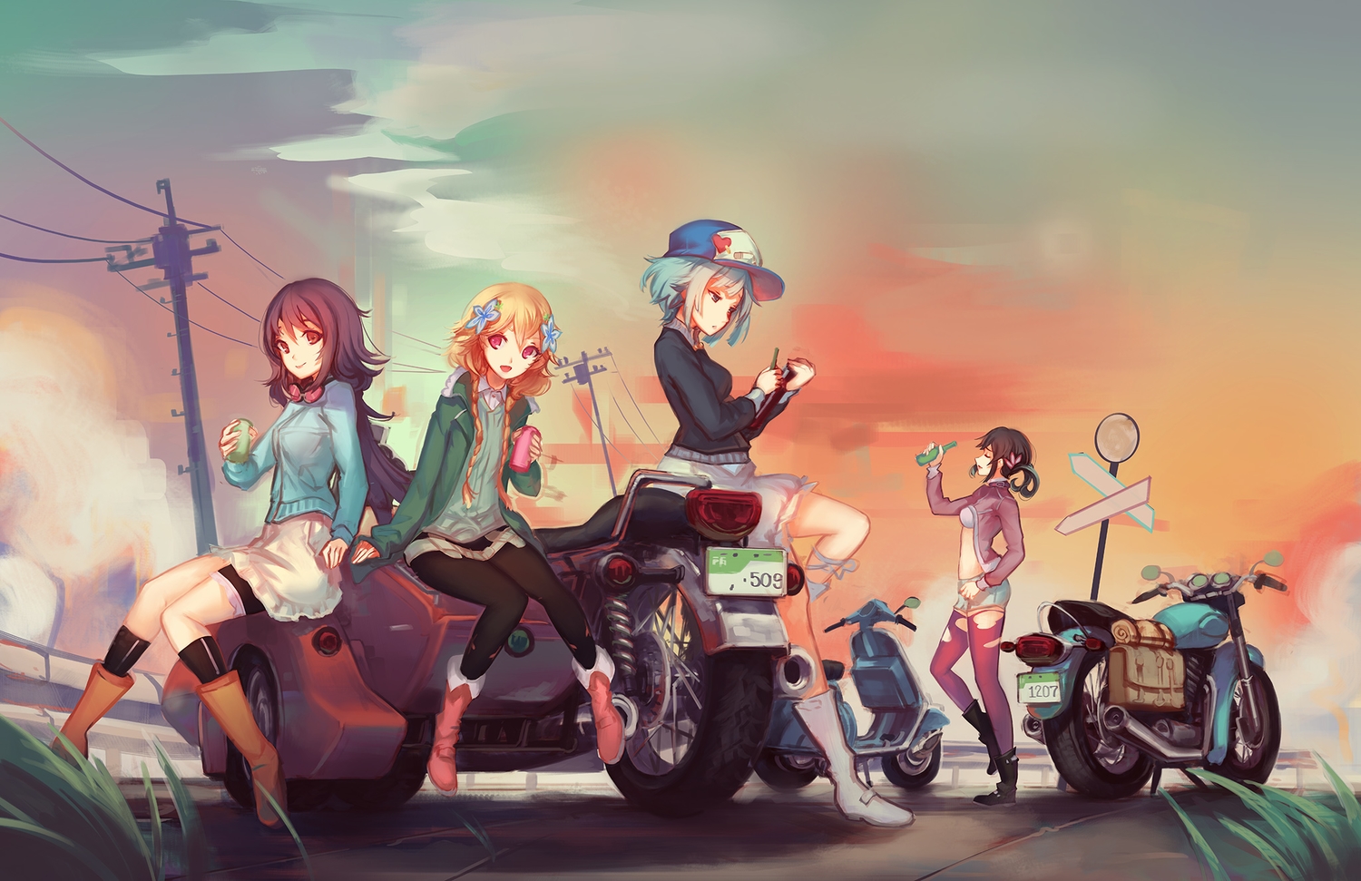 boots, doomfest, drink, group, hat, hibiki_ai, kosaka_yukina, misono_chiya, moritomo_nozomi, motorcycle, shorts, sunset, the_rolling_girls, thighhighs, torn_clothes