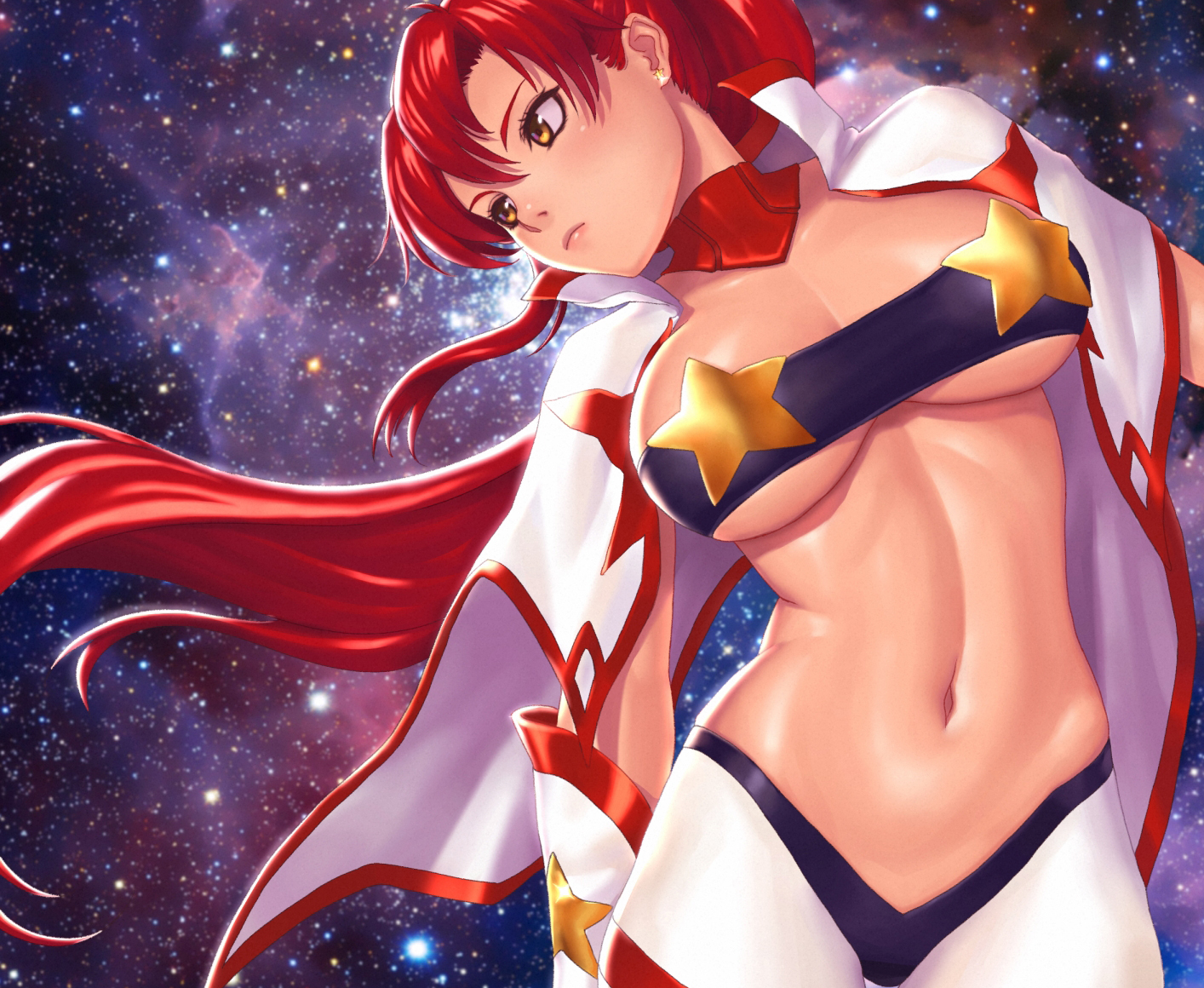 bikini_top, breasts, cleavage, cropped, gloves, long_hair, navel, red_hair, seeker_(shzyu), tengen_toppa_gurren_lagann, underboob, yellow_eyes, yoko_littner