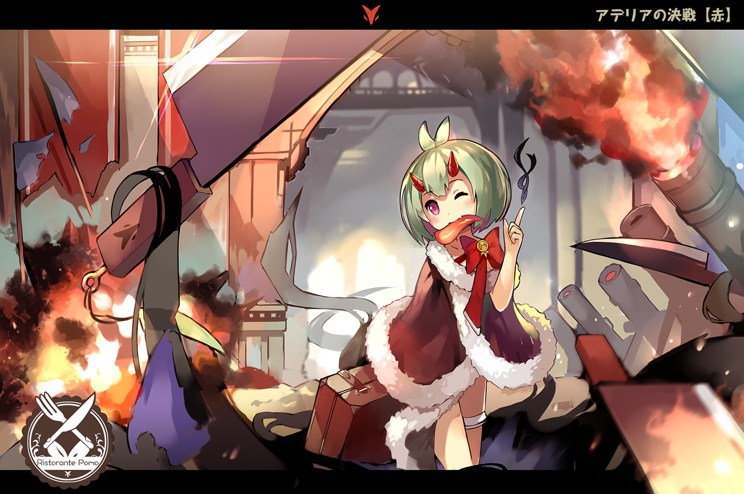 bow, demon, fang, fire, food, garter, green_hair, horns, lino-lin, original, pink_eyes, pixiv_fantasia, short_hair, weapon, wink