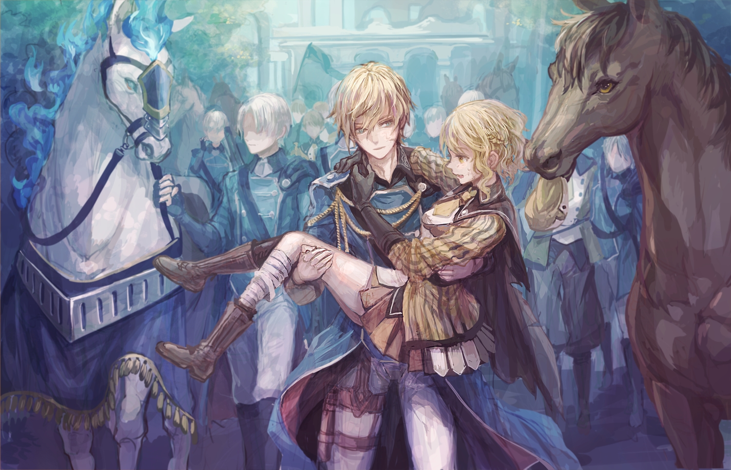 animal, armor, bandage, blonde_hair, boots, cape, group, horse, male, military, original, senano-yu, short_hair, uniform