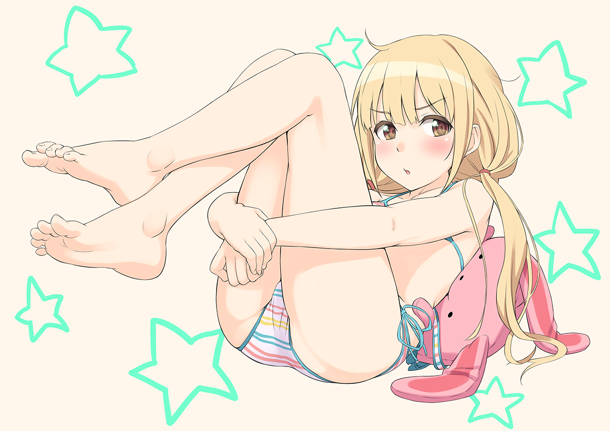 ass, barefoot, bikini, blonde_hair, blush, brown_eyes, futaba_anzu, idolmaster, long_hair, swimsuit, tenkuu_nozora, twintails, yellow_eyes