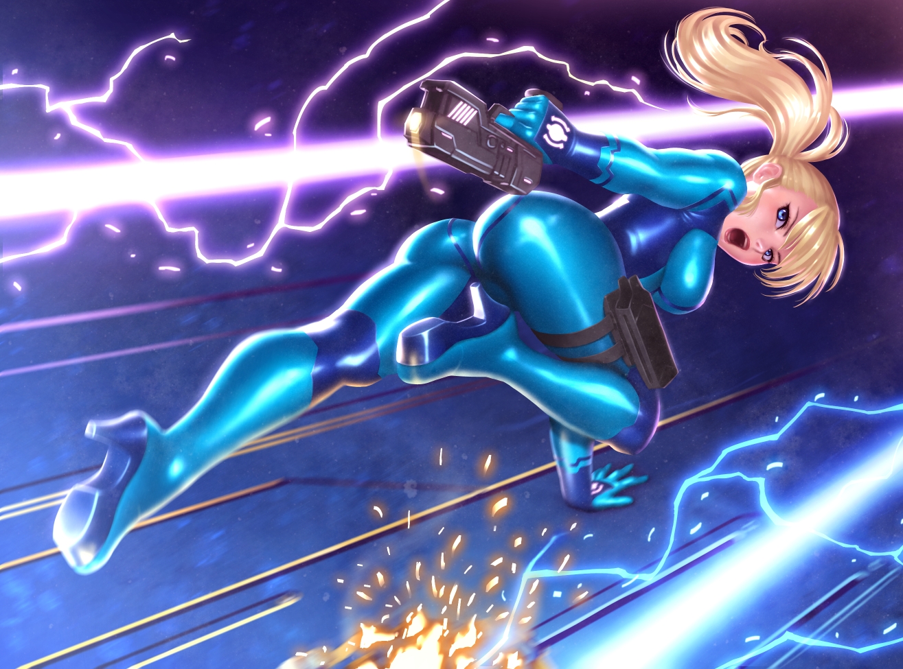ass, blonde_hair, bodysuit, gun, long_hair, metroid, samus_aran, seeker_(shzyu), skintight, weapon