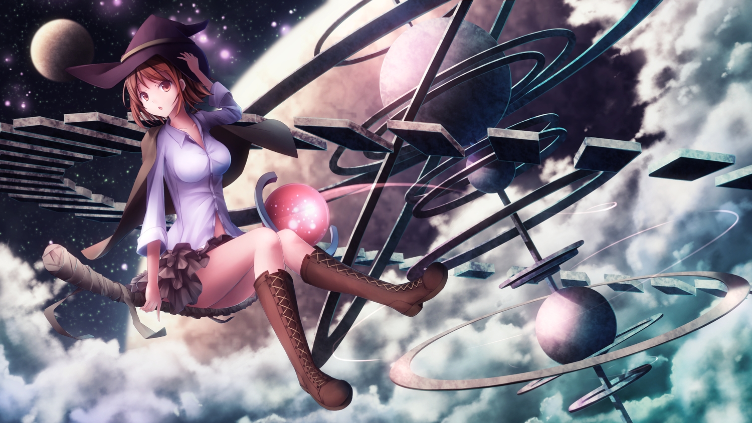 boots, breasts, brown_hair, cape, clouds, hat, moon, night, original, shirt, short_hair, skirt, sky, stars, tanikawa, witch, witch_hat