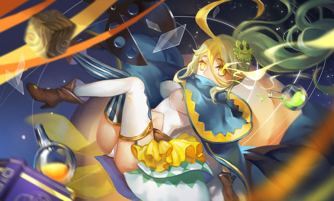 ass, boots, cape, dywx_poison, green_hair, jpeg_artifacts, long_hair, original, panties, pixiv_fantasia, stockings, underwear, yellow_eyes