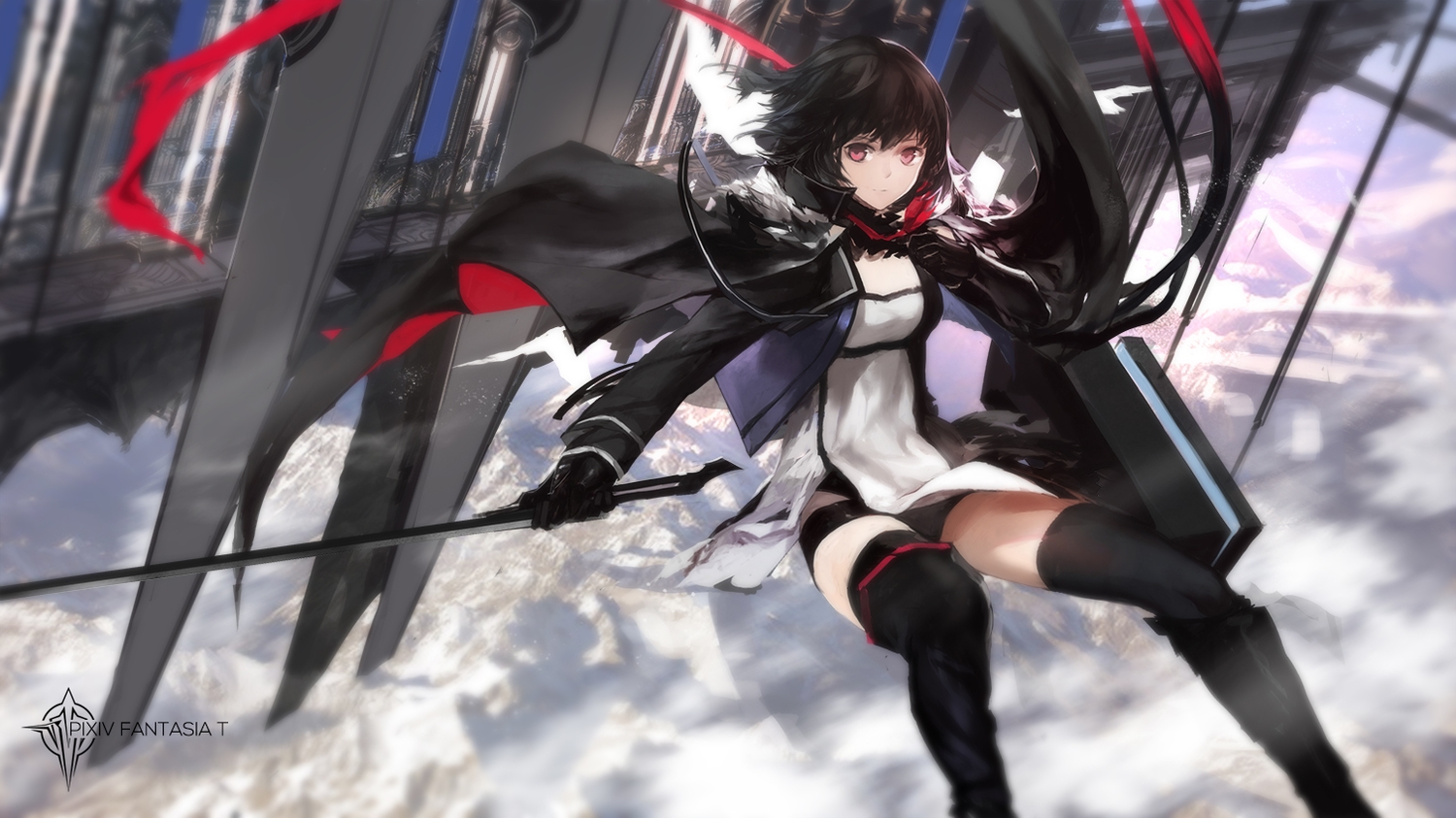 black_hair, cape, dress, gloves, original, paradise_(pffk), pixiv_fantasia, red_eyes