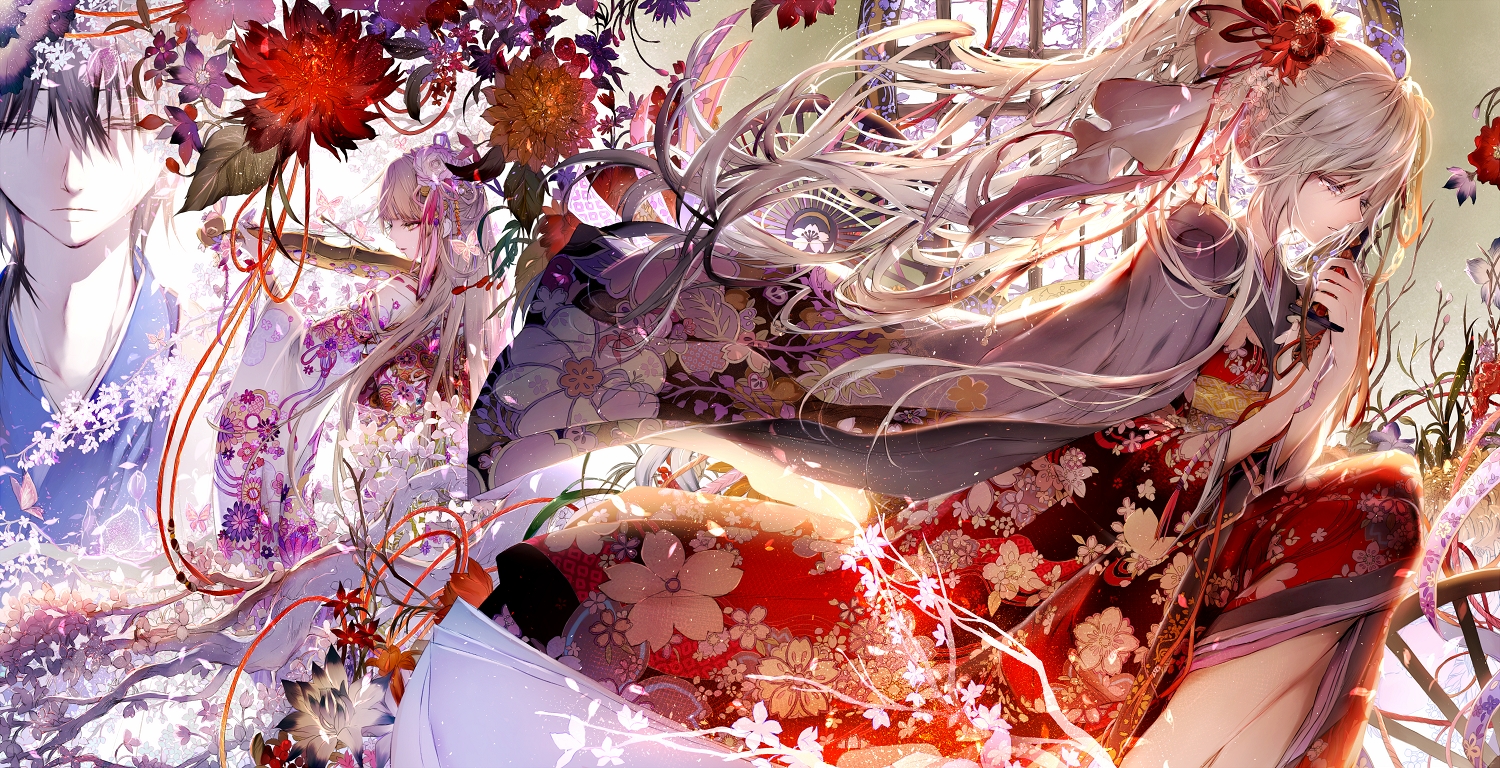 aliasing, black_hair, blonde_hair, flowers, japanese_clothes, kimono, long_hair, male, original, tears, tsukioka_tsukiho
