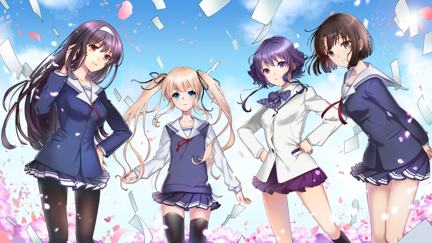 group, headband, hyoudou_michiru, kasumigaoka_utaha, katou_megumi, kneehighs, long_hair, pantyhose