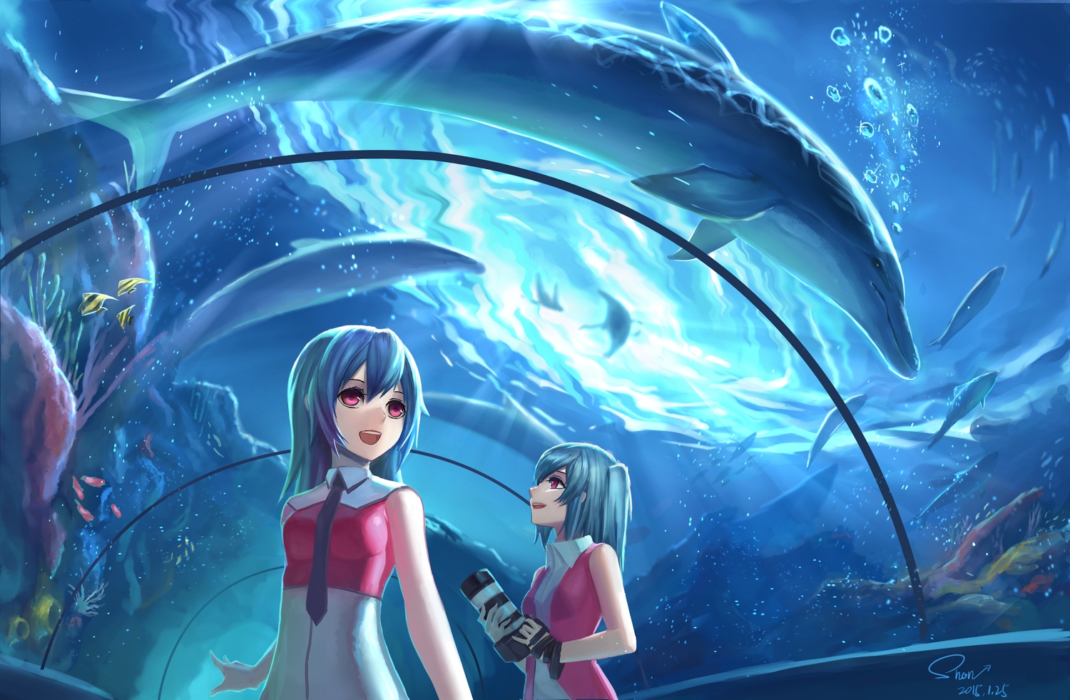 2girls, animal, bili_bili_douga, bili_girl_22, bili_girl_33, blue_hair, bubbles, camera