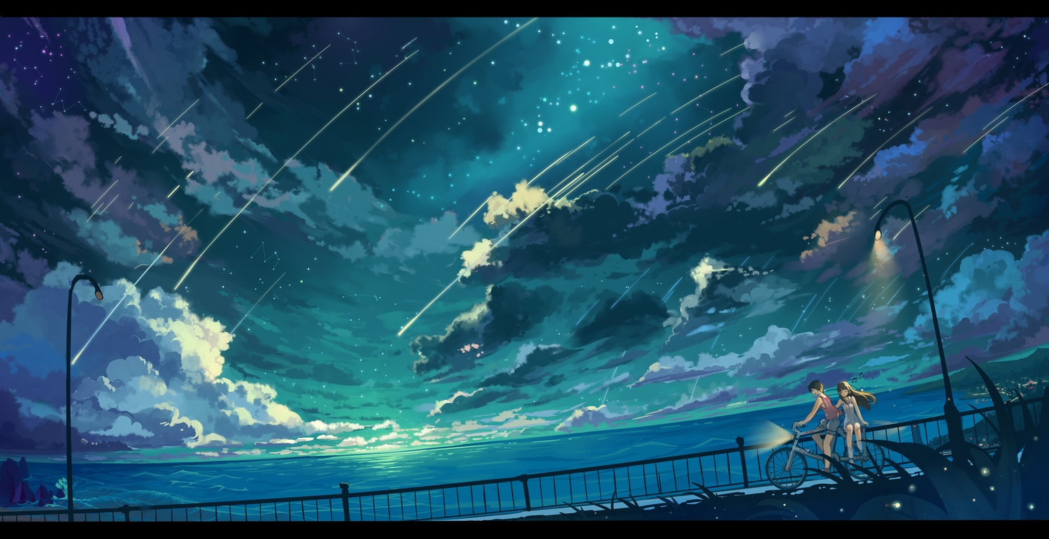 bicycle, clouds, dress, haraguroi_you, night, original, scenic, sky, stars, water