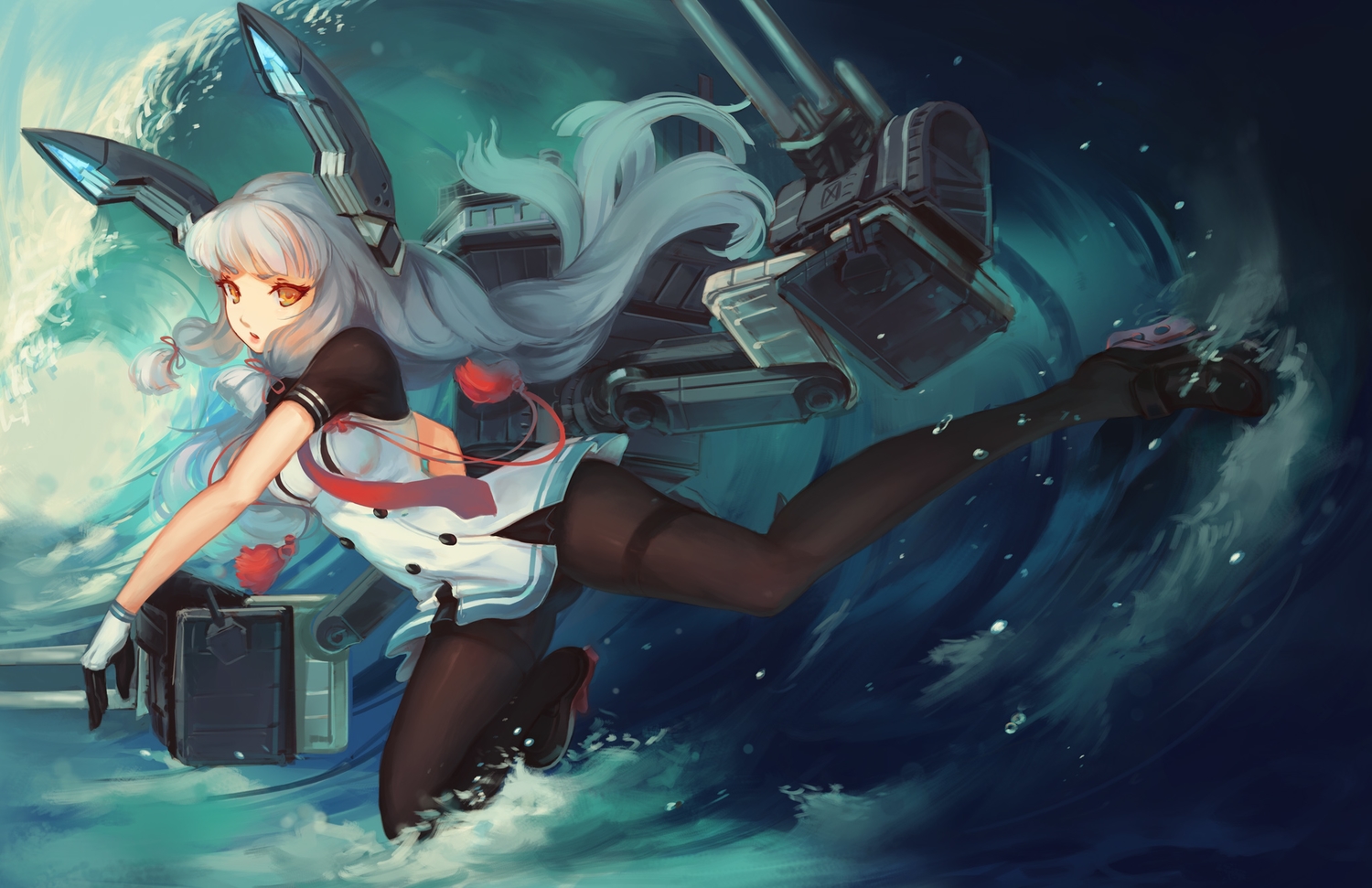 anthropomorphism, doomfest, gloves, kantai_collection, long_hair, murakumo_(kancolle), orange_eyes, pantyhose