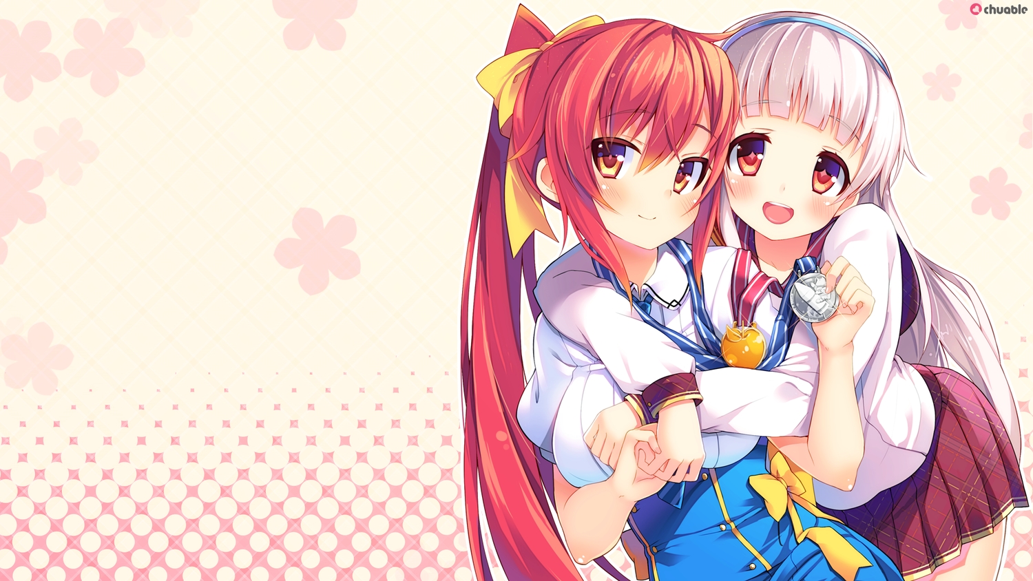 2girls, akatsuki_arisa, ano_harewataru_sora_yori_takaku, blush, chiri_(atlanta), chuablesoft, crossover, gray_hair, headband, himekami_ayame, long_hair, pink, red_eyes, red_hair, ribbons, school_uniform, skirt, watashi_ga_suki_nara_"suki"_tte_itte!