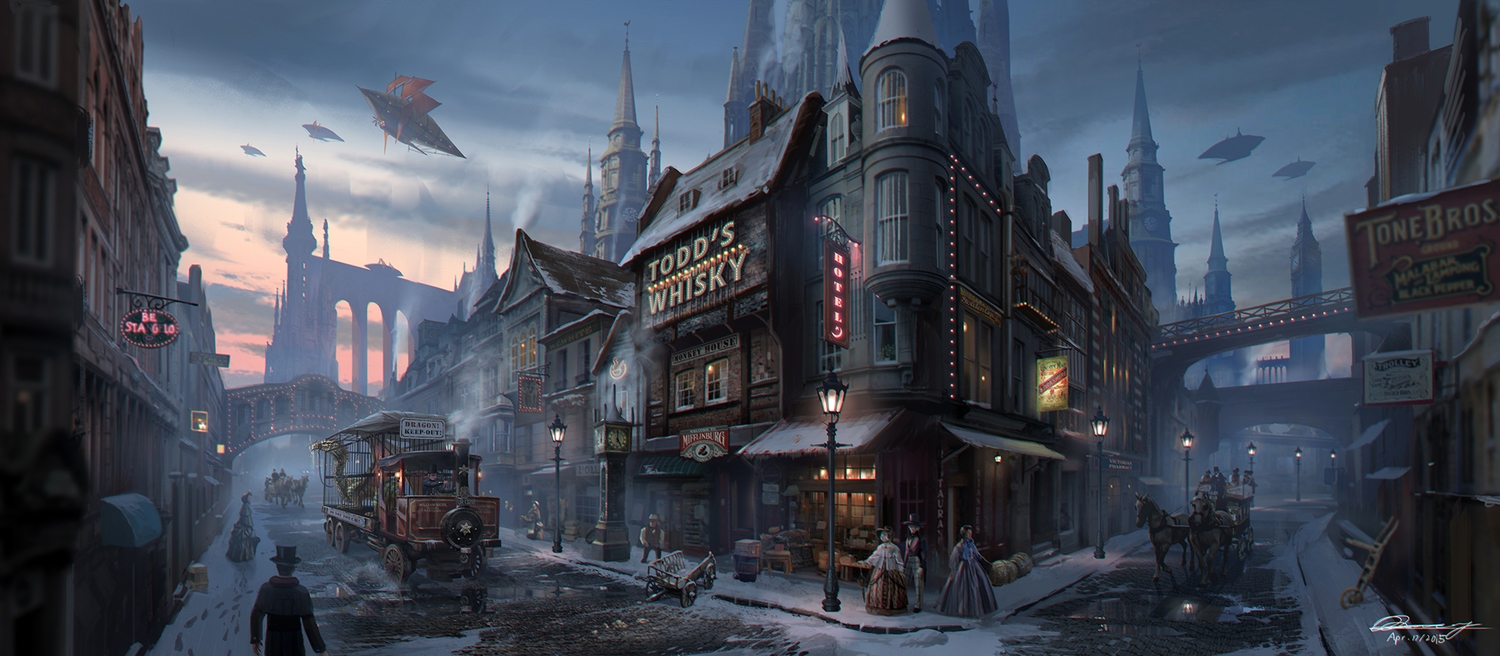 airship, animal, building, car, city, dragon, dress, exca, gothic, hat, horse, lolita_fashion, original, pixiv_fantasia, scenic, signed, sky, snow